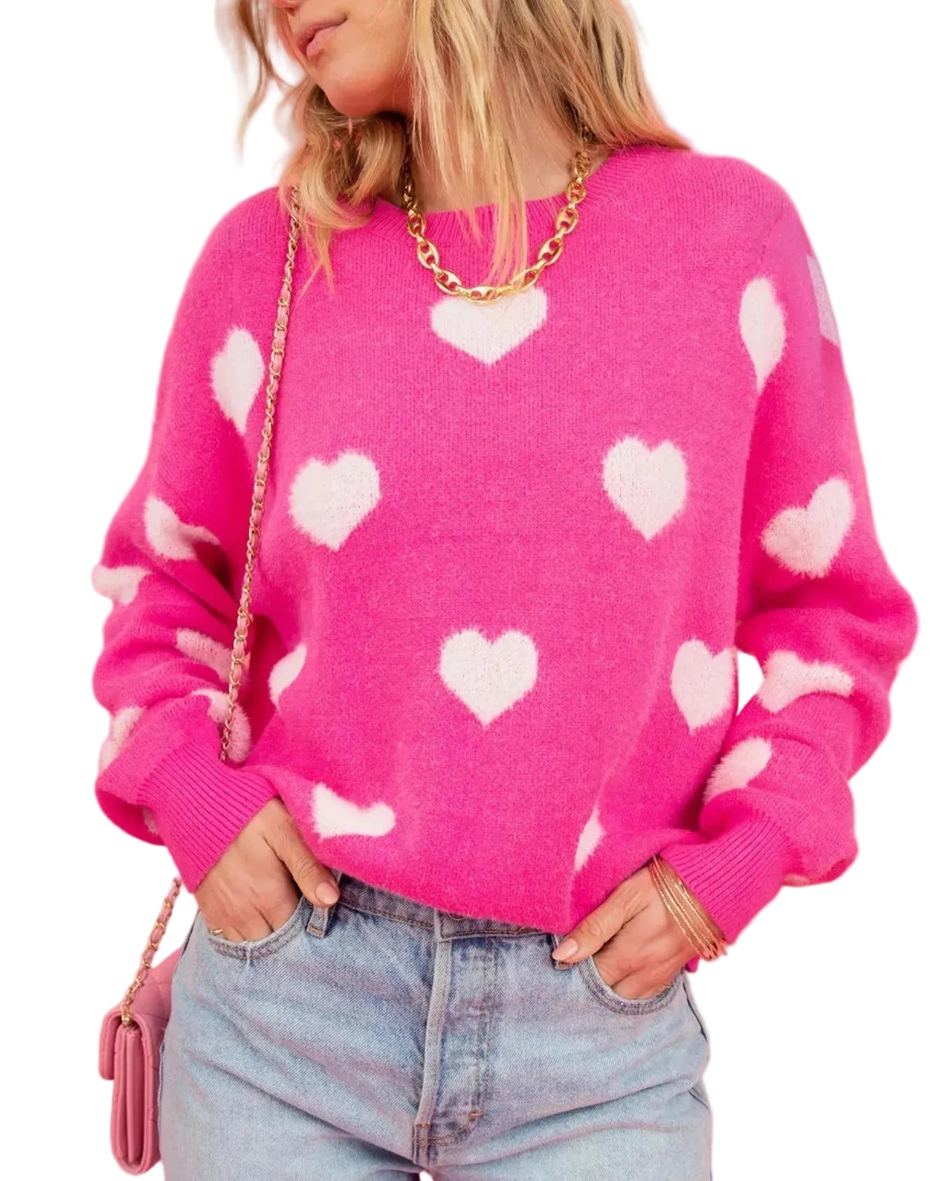 Kuscheliger Strickpullover in Pink mit Herzmuster – Oversize & Casual