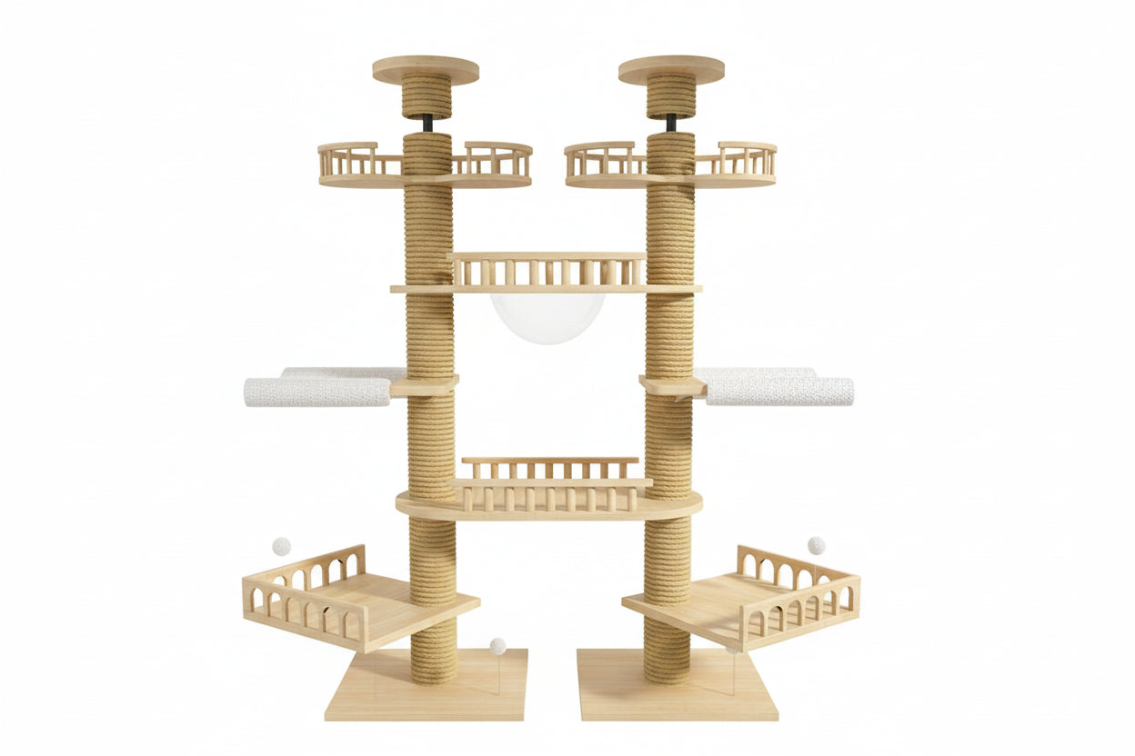 Large cat tree, free-standing, double post, multi-level with scratching board for cats