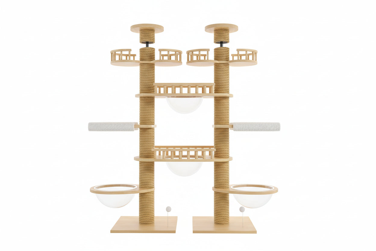 Large cat tree, free-standing, double post, multi-level with scratching board for cats
