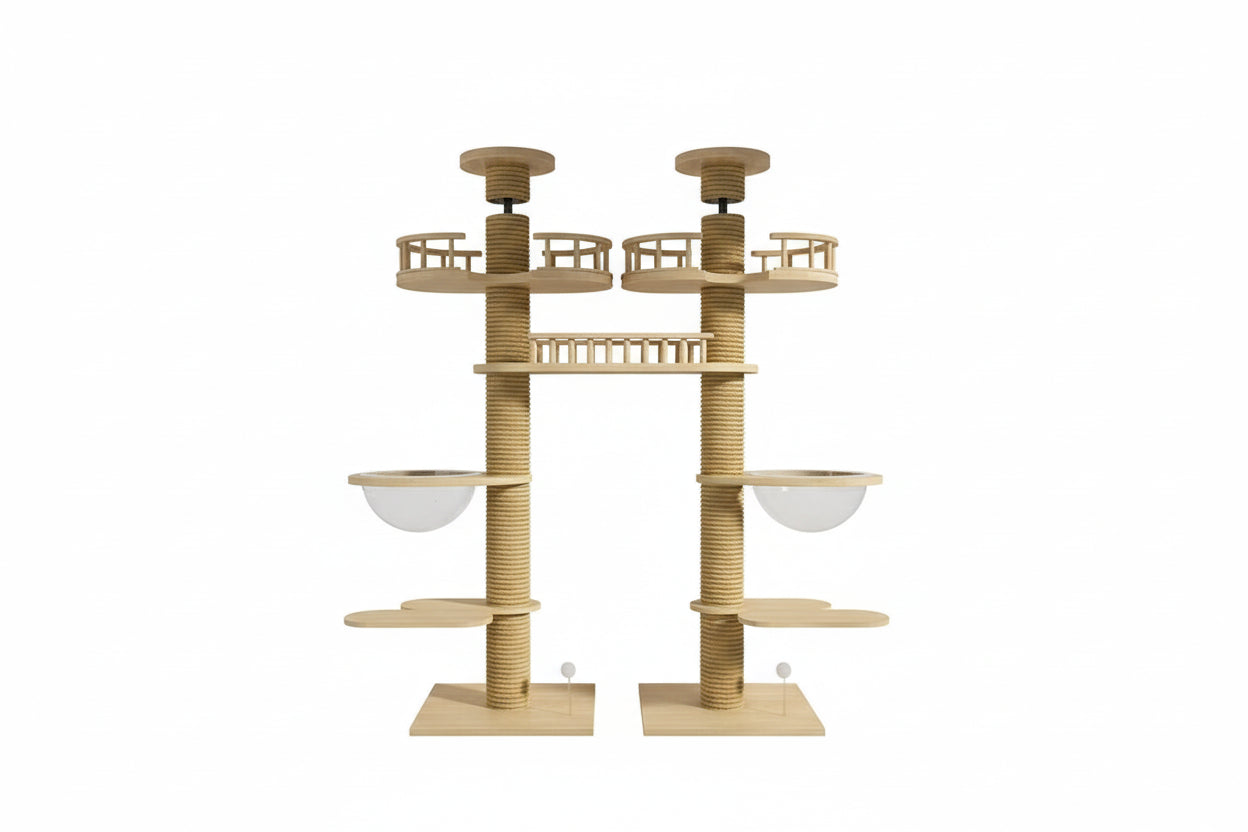Large cat tree, free-standing, double post, multi-level with scratching board for cats