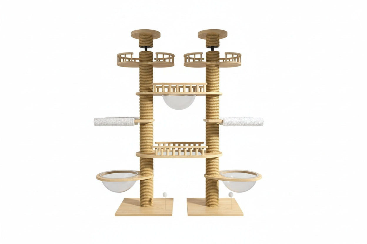 Large cat tree, free-standing, double post, multi-level with scratching board for cats