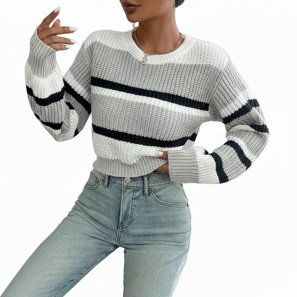 Oversize Strickpullover Rundhals Farbkontrast
