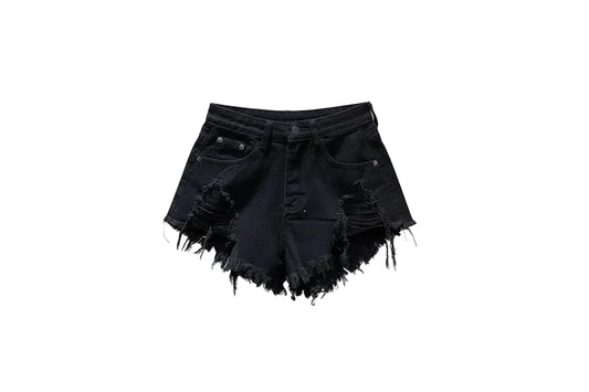 Shorts taille haute distressed avec franges et déchirures